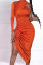 Orange Sexy Solid Patchwork Draw String Fold Asymmetrical O Neck Dresses