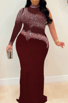 Burgundy Sexy Plus Size Hot Drilling Split Joint See-through Turtleneck Evening Dress