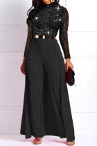 Black Sexy Solid Sequins Split Joint O Neck Straight Jumpsuits