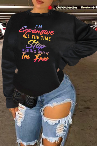 Black Fashion Casual Print Letter O Neck Tops