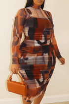 Coffee Casual Solid Patchwork O Neck Pencil Skirt Plus Size Dresses