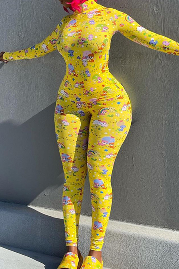 Yellow Sexy Print Split Joint Turtleneck Long Sleeve Two Pieces