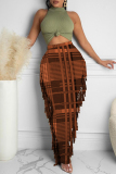 Brown Fashion Casual Plaid Print Tassel Regular High Waist Skirt