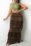 Orange Fashion Casual Plaid Print Tassel Regular High Waist Skirt