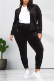 Black Fashion Casual Solid Cardigan Pants Hooded Collar Plus Size Two Pieces