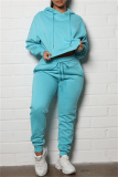 Blue Fashion Casual Solid Basic Hooded Collar Long Sleeve Two Pieces