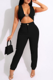 Black Fashion Sexy Solid Cardigan Pants V Neck Sleeveless Two Pieces