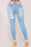 Sky Blue Fashion Casual Solid Ripped Mid Waist Skinny Denim Jeans