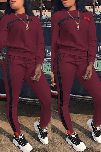 Burgundy Fashion Casual Print Basic O Neck Long Sleeve Two Pieces