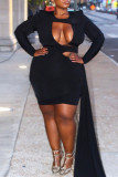 Black Fashion Sexy Solid Hollowed Out Split Joint O Neck Long Sleeve Plus Size Dresses