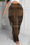 Burgundy Fashion Casual Plaid Print Tassel Regular High Waist Skirt