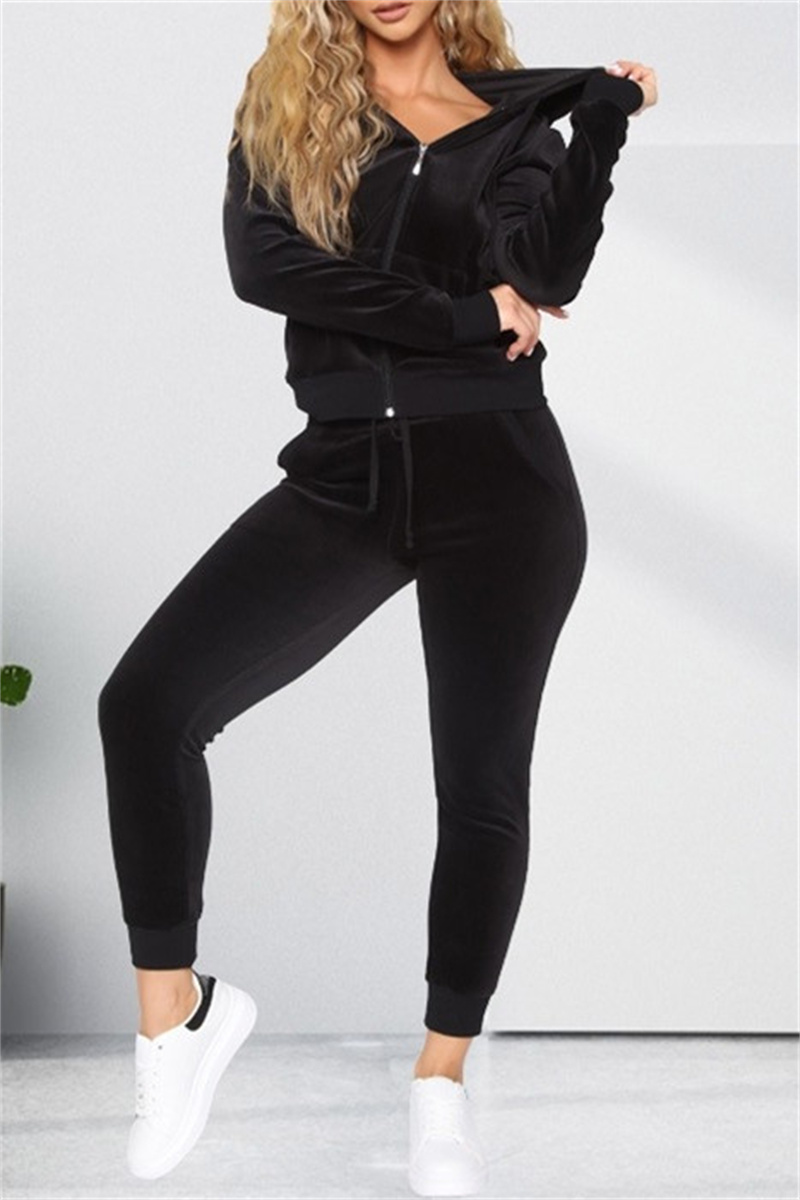 

Black Fashion Casual Solid Cardigan Pants Hooded Collar Long Sleeve Two Pieces