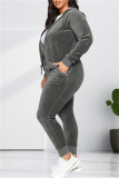 Grey Fashion Casual Solid Cardigan Pants Hooded Collar Plus Size Two Pieces