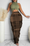 Burgundy Fashion Casual Plaid Print Tassel Regular High Waist Skirt