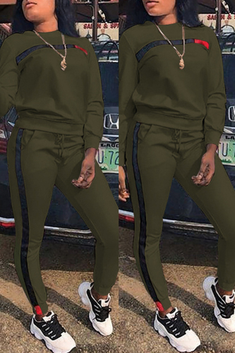 Army Green Fashion Casual Print Basic O Neck Long Sleeve Two Pieces