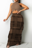 Brown Fashion Casual Print Tassel Half A Turtleneck Sleeveless Two Pieces