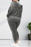 Grey Fashion Casual Solid Cardigan Pants Hooded Collar Plus Size Two Pieces