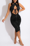 Black Sexy Patchwork Bandage Hollowed Out Sequins Backless Halter Sleeveless Dress