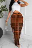 Brown Fashion Casual Plaid Print Tassel Regular High Waist Skirt