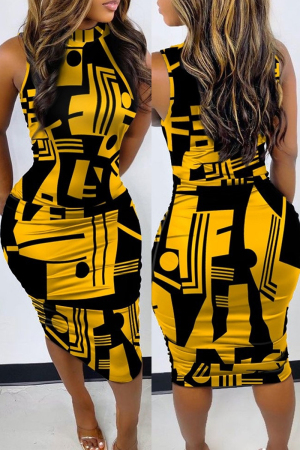 Yellow Fashion Casual Print Basic Half A Turtleneck Sleeveless Dress