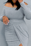 Grey Fashion Casual Solid Asymmetrical Off the Shoulder Long Sleeve Dresses