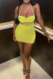 Yellow Fashion Sexy Solid Backless Fold Halter Sleeveless Two Pieces
