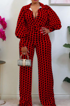 Red Casual Print Split Joint V Neck Straight Jumpsuits