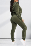 Army Green Fashion Casual Solid Cardigan Pants Hooded Collar Long Sleeve Two Pieces