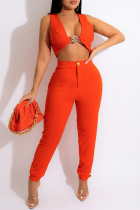 Orange Fashion Sexy Solid Cardigan Pants V Neck Sleeveless Two Pieces