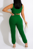 Green Fashion Sexy Solid Cardigan Pants V Neck Sleeveless Two Pieces