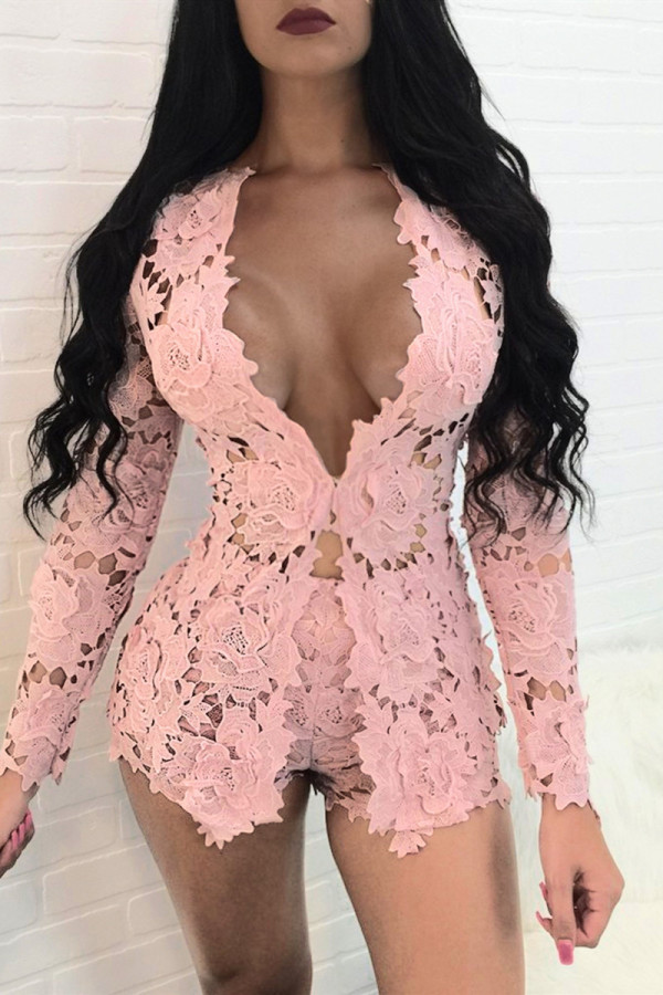 Pink Sexy Fashion Long Sleeve Short Lace Set
