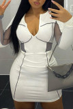 White Sexy Casual Patchwork See-through V Neck Long Sleeve Dresses