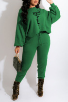 Green Casual Print Split Joint O Neck Long Sleeve Two Pieces