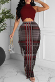 Brown Fashion Casual Print Tassel Half A Turtleneck Sleeveless Two Pieces