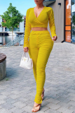 Yellow Fashion Casual Solid Fold V Neck Long Sleeve Two Pieces