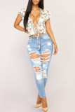 Sky Blue Fashion Casual Solid Ripped Mid Waist Skinny Denim Jeans