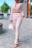 Light Pink Fashion Casual Solid Fold V Neck Long Sleeve Two Pieces
