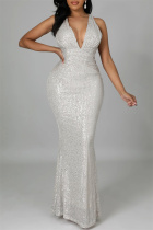 Silver Fashion Sexy Patchwork Sequins Backless V Neck Evening Dress