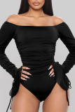 Black Sexy Solid Patchwork Frenulum Fold Off the Shoulder Regular Bodysuits