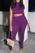 Purple Sexy Solid Patchwork Turtleneck Sleeveless Two Pieces