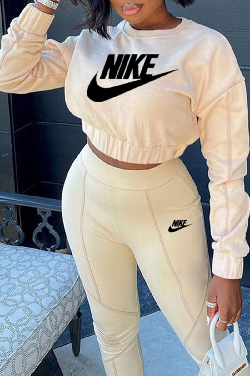 

Apricot Fashion Street Print Split Joint O Neck Long Sleeve Two Pieces