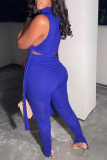 Blue Sexy Solid Patchwork Turtleneck Sleeveless Two Pieces