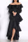 Black Sexy Off The Shoulder Long Sleeves One word collar Asymmetrical Ankle-Length Solid ruffle Casual Dr