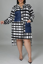 White Fashion Casual Plus Size Plaid Print Patchwork Turndown Collar Shirt Dress