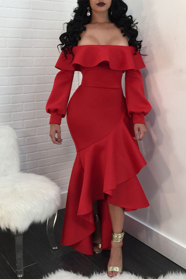 

Red Sexy Off The Shoulder Long Sleeves One word collar Asymmetrical Ankle-Length Solid ruffle Casual Dr