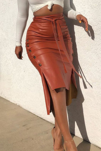 Camel Sexy Solid Bandage Patchwork Buttons Asymmetrical Straight High Waist Straight Solid Color Bottoms