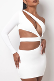 White Sexy Solid Patchwork One Shoulder Pencil Skirt Dresses