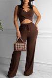 Brown Sexy Casual Solid Vests Pants V Neck Sleeveless Two Pieces