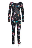 White Sexy Print Hollowed Out Patchwork Frenulum O Neck Regular Jumpsuits
