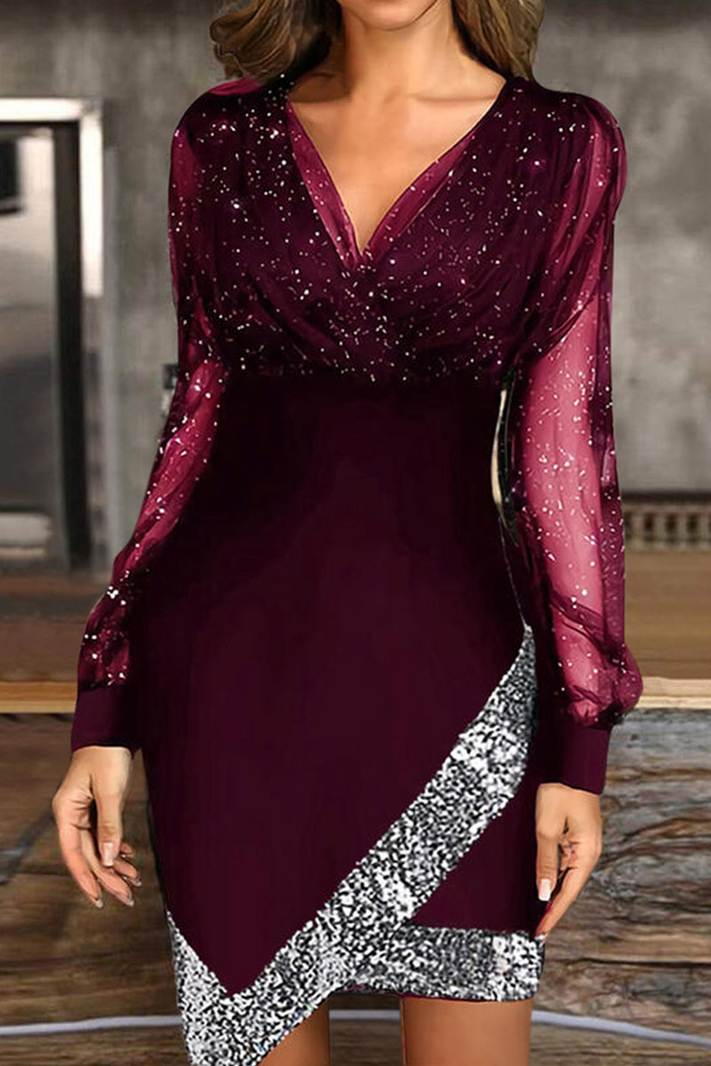 Red Sexy Solid Patchwork See-through V Neck A Line Dresses_Long Sleeve ...